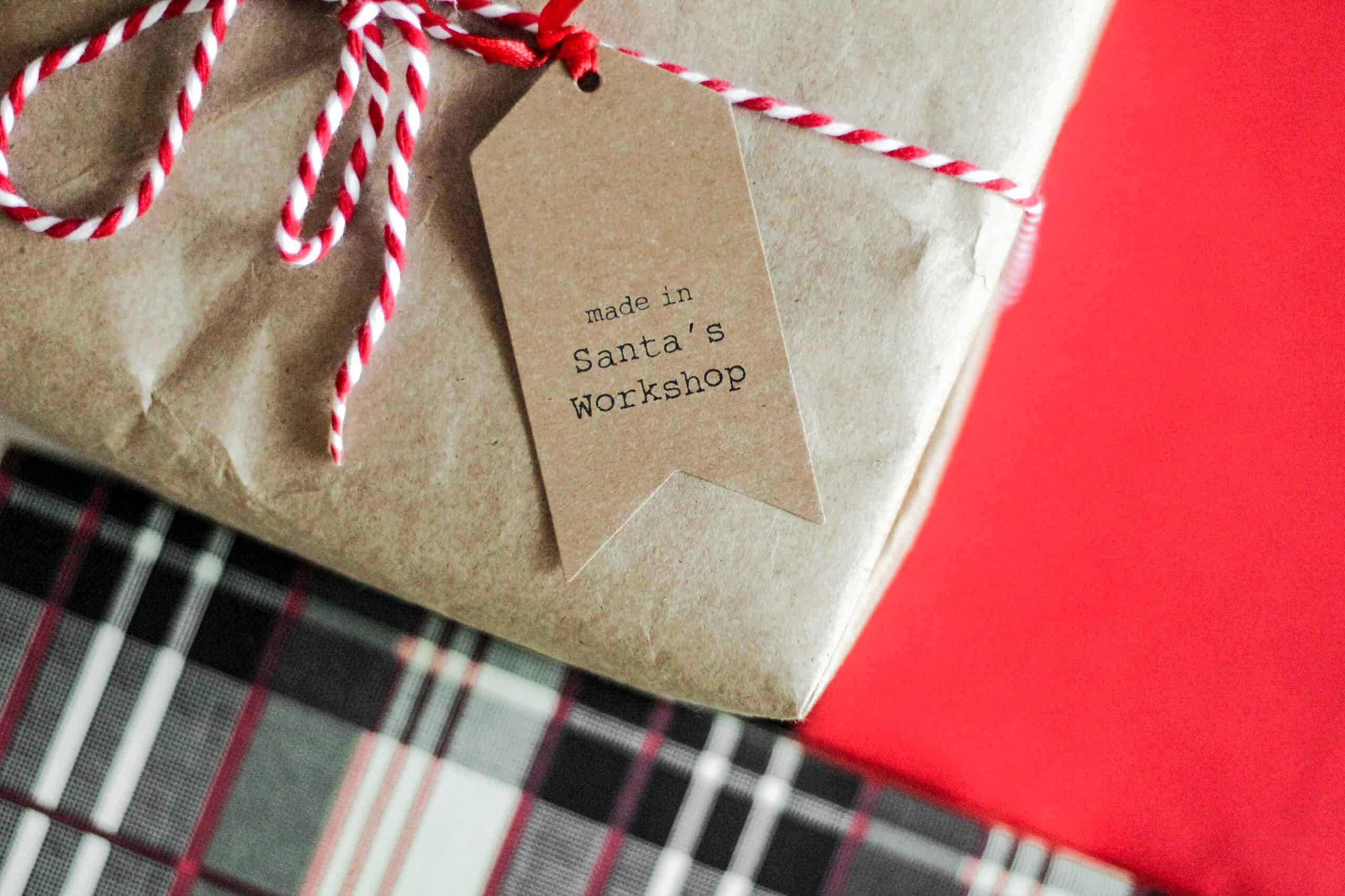 Christmas gift with a label reading "Made in Santa's Workshop"
