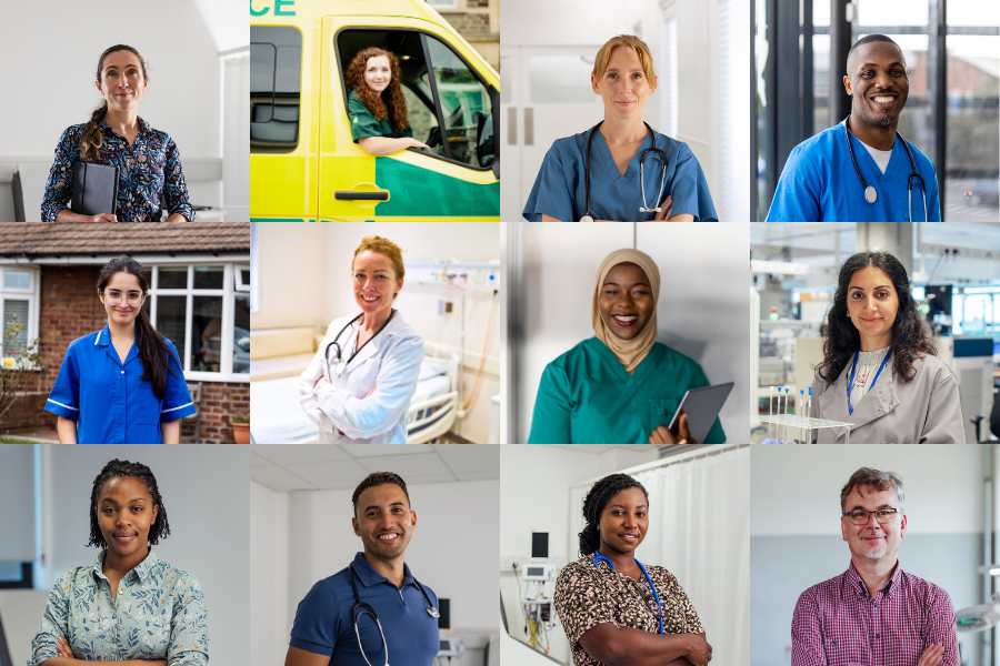 Grid of portraits of NHS and healthcare employees in a range of roles and settings