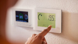 Person pointing at a home thermostat showing room temperature, in an article about Winter Fuel Payments and Pension Credit support for energy costs.